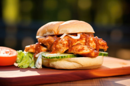 barbecued chicken sandwich on a wooden plank, created with generative aiの素材