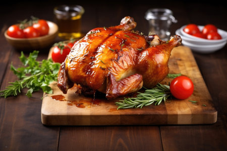 honey-glazed barbecued chicken on a rustic stone board, created with generative aiの素材