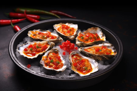 barbecued oysters with chili flakes on dark plate, created with generative aiの素材