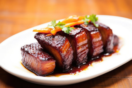 close-up shot of garnished barbecued pork belly, created with generative aiの素材
