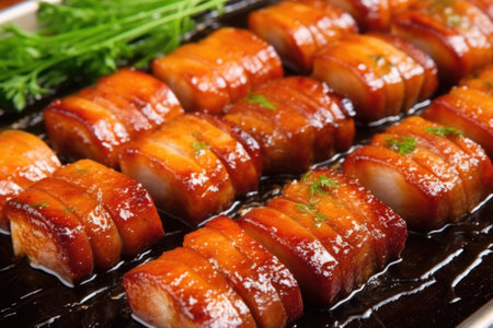 close-up of marinated pork belly ready for grilling, created with generative aiの素材