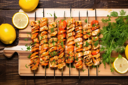 overhead shot of grilled shrimp on wooden skewers, created with generative aiの素材