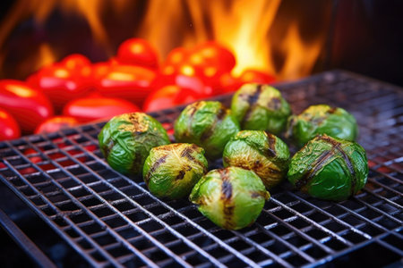 grilled brussel sprouts in a bbq basket with smoke wafting upwards, created with generative aiの素材