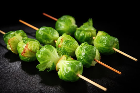 bbq brussels sprouts on a wooden skewer on a black background, created with generative aiの素材
