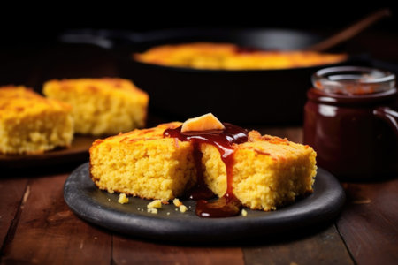 cornbread speckled with bbq sauce on a dark table, created with generative aiの素材