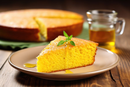 cornbread on a plate with a wedge cut out, created with generative aiの素材