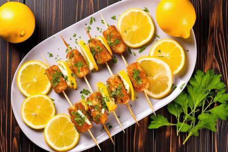 top view of meatball skewers and lemon wedges, created with generative aiの素材