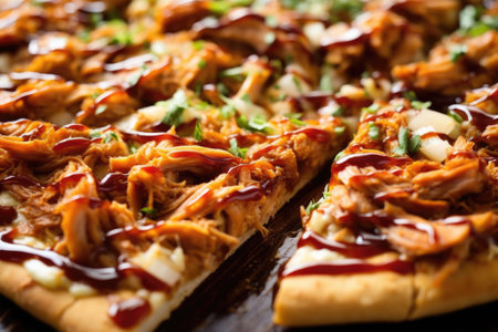 close-up of cut sections of the cooked bbq pizza, created with generative aiの素材