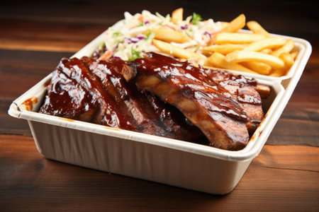 bbq ribs with fries and coleslaw in a takeout box, created with generative aiの素材