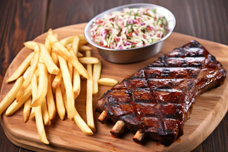 smoked bbq ribs alongside a serving of coleslaw and fries on a grill, created with generative aiの素材