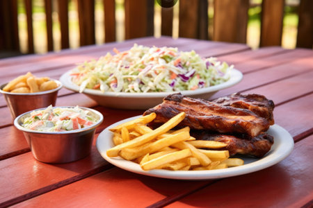coleslaw, bbq ribs, and fries on a picnic table, created with generative aiの素材