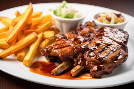macro close-up of glazed bbq ribs with side dishes on a plate, created with generative aiの素材