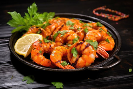 bbq spiced shrimps garnished with fresh herbs, created with generative aiの素材