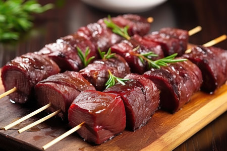 beef brisket slices arranged on a skewer, created with generative aiの素材