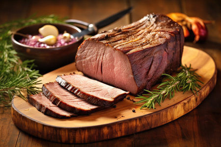 smoked brisket slices on a rustic wooden board, created with generative aiの素材