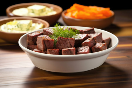 arranged brisket slices next to a dip bowl, created with generative aiの素材
