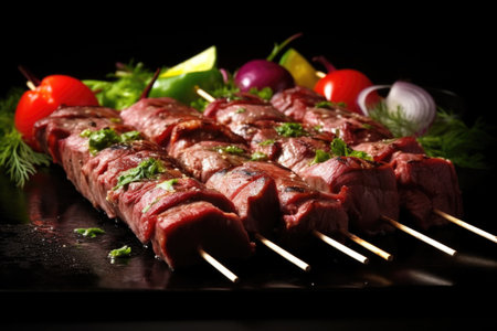brightly lit shot of beef skewers on a black background, created with generative aiの素材