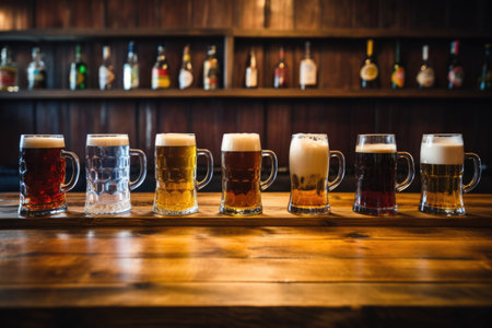 german beer steins lined up on a wooden table, created with generative aiの素材