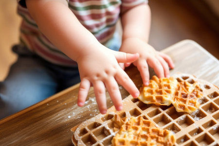 a childs hand trying to reach a belgian waffle, created with generative aiの素材