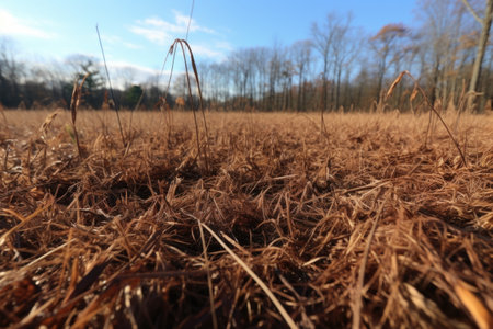 patches of brown, dying grass in a field, created with generative aiの素材