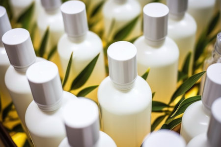 close-up of product labels being attached to body lotion bottles, created with generative aiの素材