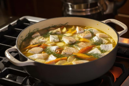 stirring white fish chunks into a pot of bouillabaisse, created with generative aiの素材