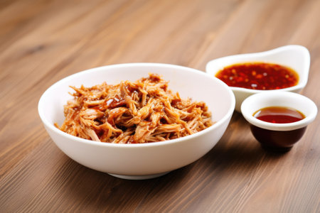 white bowl with bbq pulled pork and spilled sauce on the table, created with generative aiの素材