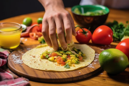 hand squeezing lime on a tortilla filled with beans and scrambled eggs, created with generative aiの素材