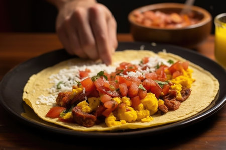 hand placing a cooked sausage on the tortilla with scrambled eggs and beans, created with generative aiの素材