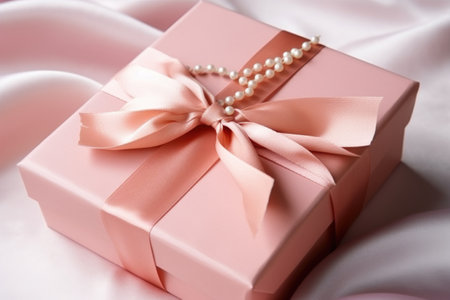 a gift box wrapped in silk ribbon and pearls, created with generative aiの素材