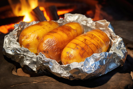 foil-encased potatoes sitting atop orange-glowing firewood, created with generative aiの素材