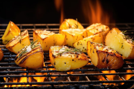 baked potatoes resting on a grid over glowing embers, created with generative aiの素材