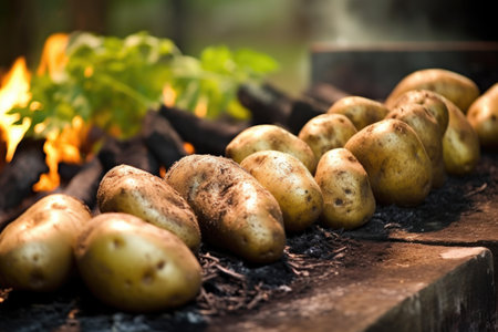 row of potatoes baking around the edge of a fire, created with generative aiの素材