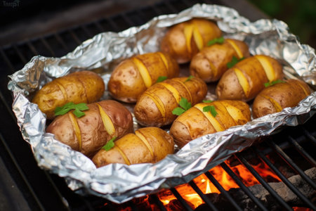 foil-wrapped potatoes baking on ambers of a campfire, created with generative aiの素材