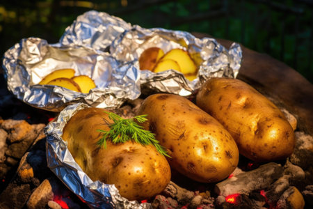 baked potatoes ready for eating beside a campfire, created with generative aiの素材