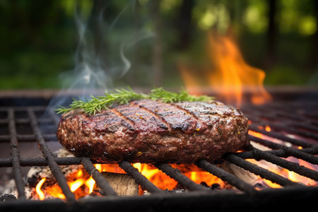 a well-done hamburger patty on a grill over firewood, created with generative aiの素材
