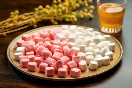 arrangement of untroasted and roasted marshmallows on a plate, created with generative aiの素材