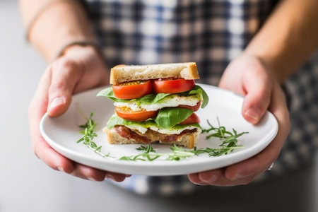 hand holding a caprese sandwich over a white plate, created with generative aiの素材