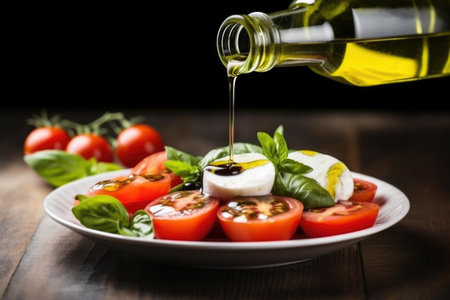 pouring oil on caprese salad from a glass bottle, created with generative aiの素材