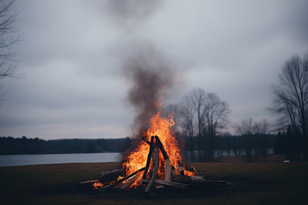 bonfire with rising smoke on an overcast day, created with generative aiの素材