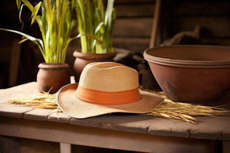 a farmers hat next to a potters wheel, created with generative aiの素材