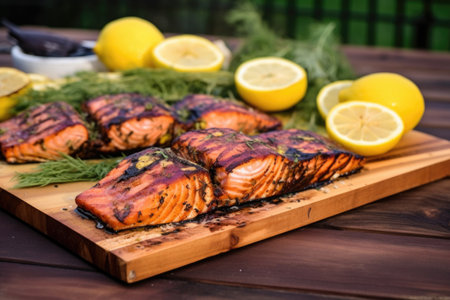 a cedar plank with blackened salmon fillets and spices, created with generative aiの素材