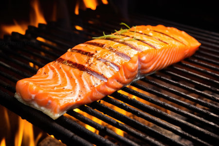 a piece of fresh salmon grilling on a charcoal grill, created with generative aiの素材