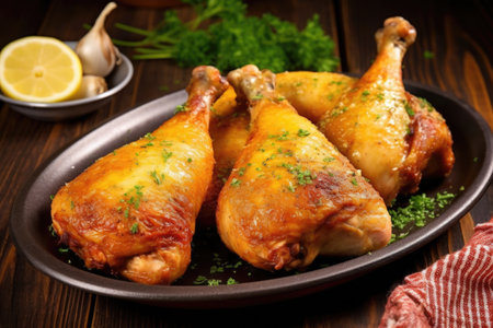 close-up shot of chicken legs richly coated with garlic butter, created with generative aiの素材