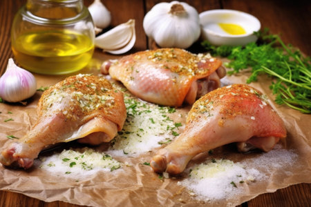 seasoned chicken legs absorbing garlic butter on parchment paper, created with generative aiの素材