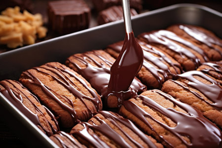 chocolate biscuit being coated in chocolate sauce, created with generative aiの素材
