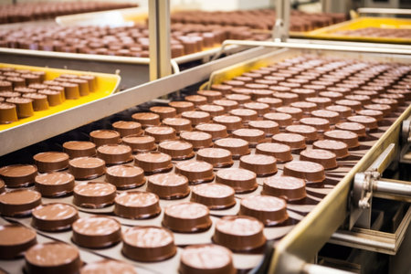 multiple rows of chocolate coins in production line, created with generative aiの素材