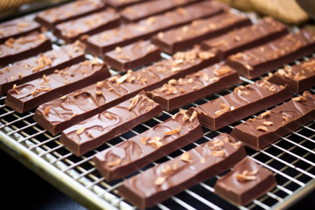 freshly made chocolate bars arranged on a cooling rack, created with generative aiの素材
