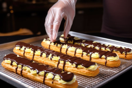 hand brushing the tops of eclairs with melted chocolate, created with generative aiの素材