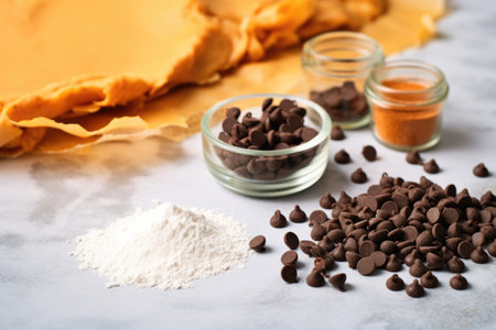 bittersweet chocolate chips next to pastry dough on marble table, created with generative aiの素材